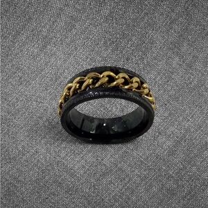 Brand New Black Stainless Steel Ring With Gold Cuban Chain Detail Unisex Stateme